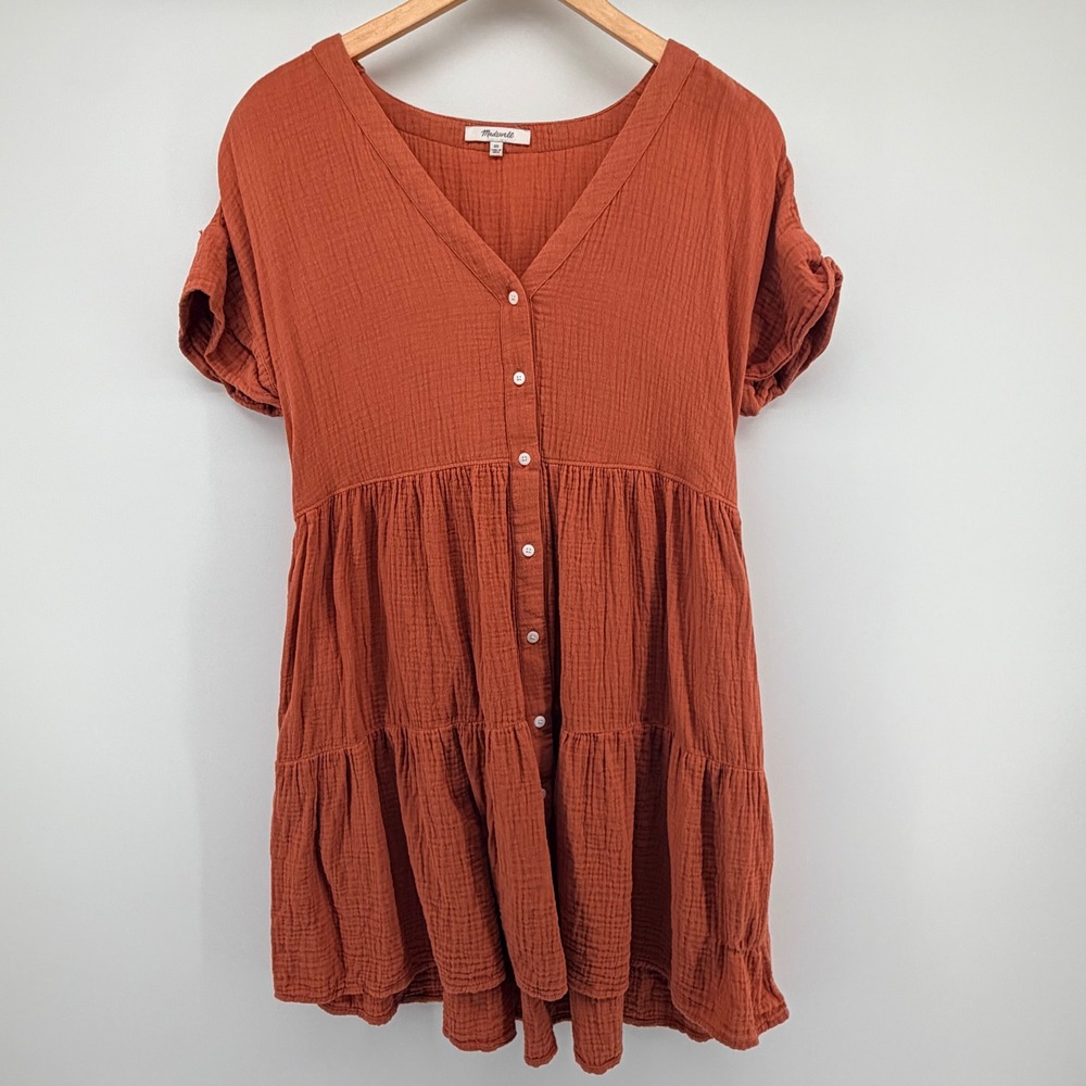 Madewell Dress Womens XS Rust Orange Double Gauze Cotton Tiered Button Mini Boho